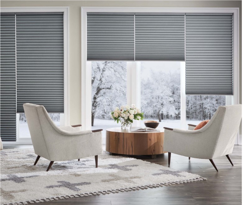 Gray Cellular honeycomb shades in living room