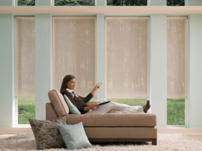 Tan colored Motorized rollershades in a sitting room
